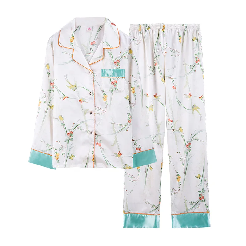 

Samwestart new pajamas women spring summer thin silk printing long-sleeved casual home clothes