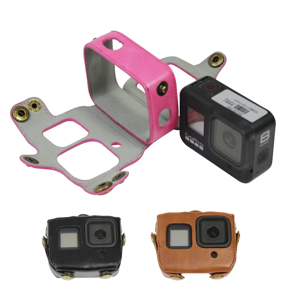 Чехол из ПУ кожи для экшн камеры GoPro 8 жесткий черный + длинный ремешок защитный