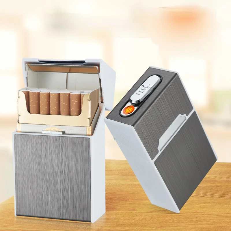 

Rechargeable Cigarette Case 20 Pcs Box Firework Integrated Metal Wire Drawing High-end Rechargeable Lighter tobacco accessories