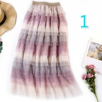 rainbow women mesh long skirt tie dye print tulle tiered female high waist straight skirts fairy princess elegant ladies bottoms