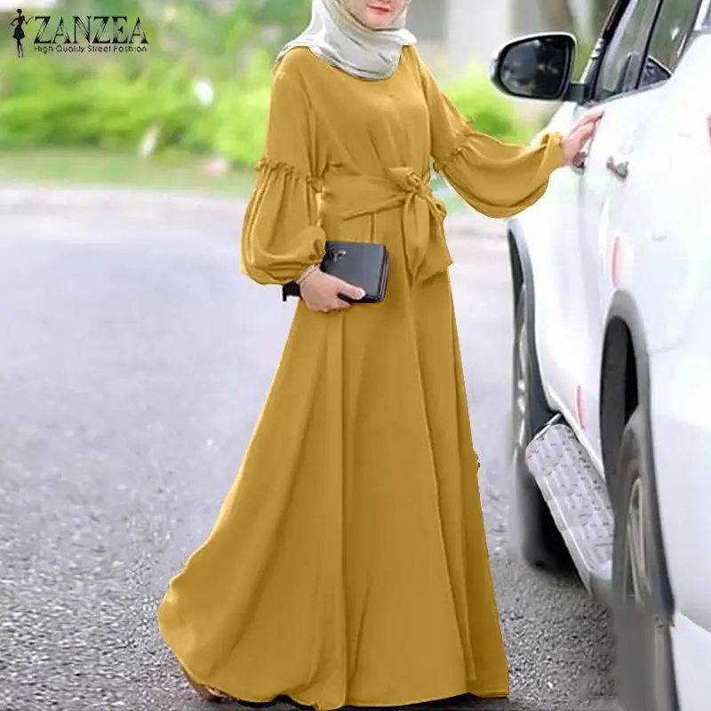 Платье ZANZEA женское с длинным рукавом, однотонный длинный сарафан с оборками, Женский хиджаб со шнуровкой, исламский кафтан