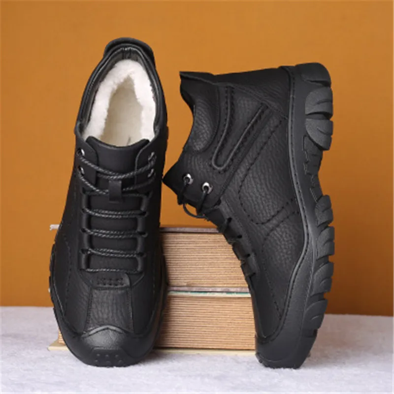 Мужские кожаные ботинки со шнуровкой Черные Теплые ботильоны с плюшевой