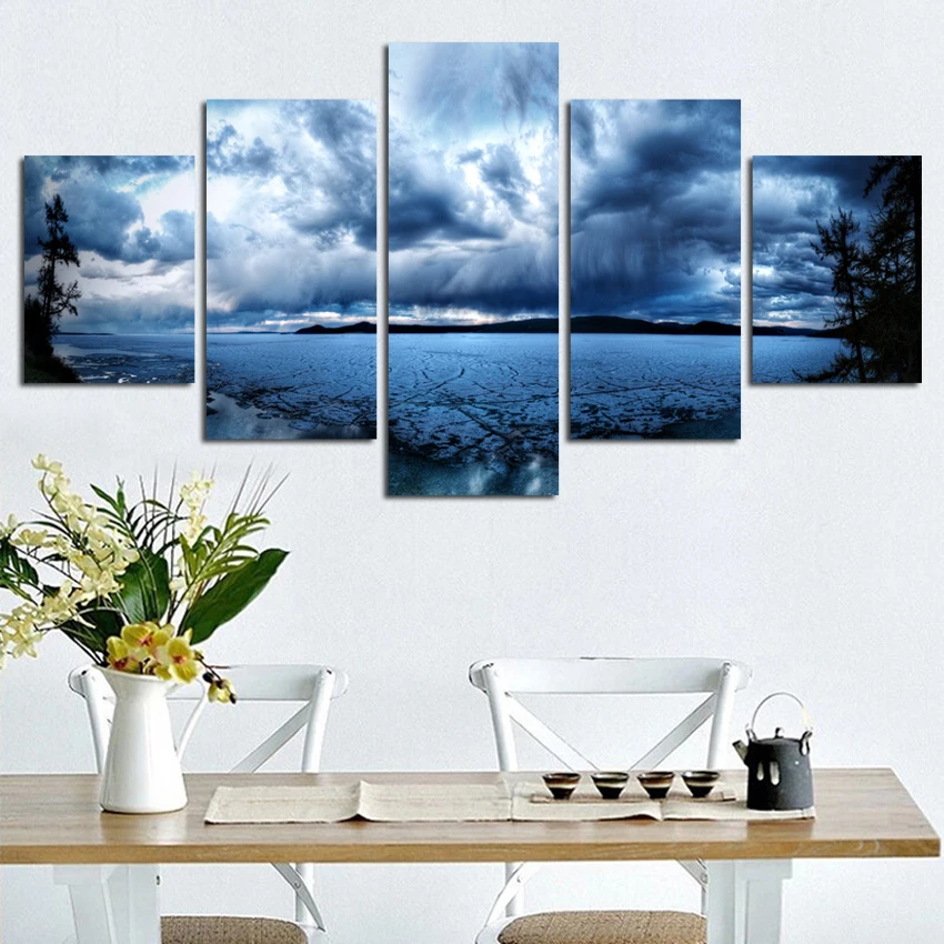 

5 Panels Blue Sea Sky Clouds Modern Printed Space Universe Landscape Paintings Canvas Picture Home Decoration For Living Room