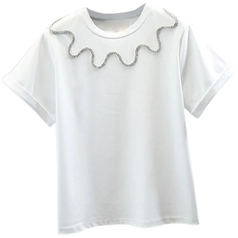 

Rhinestone Chain Round Neck Pullover Solid Color Short Sleeve T-shirt Women's Top 2021 Summer New White Black Tee