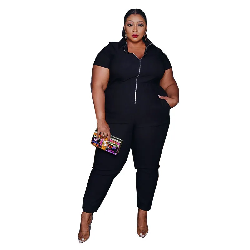 

Hottest Solid Women Jumpsuits With Pockets 2021 Casual Lady's Short Sleeves Zipper Neck High Waist Rompers Plus Size XL-5XL