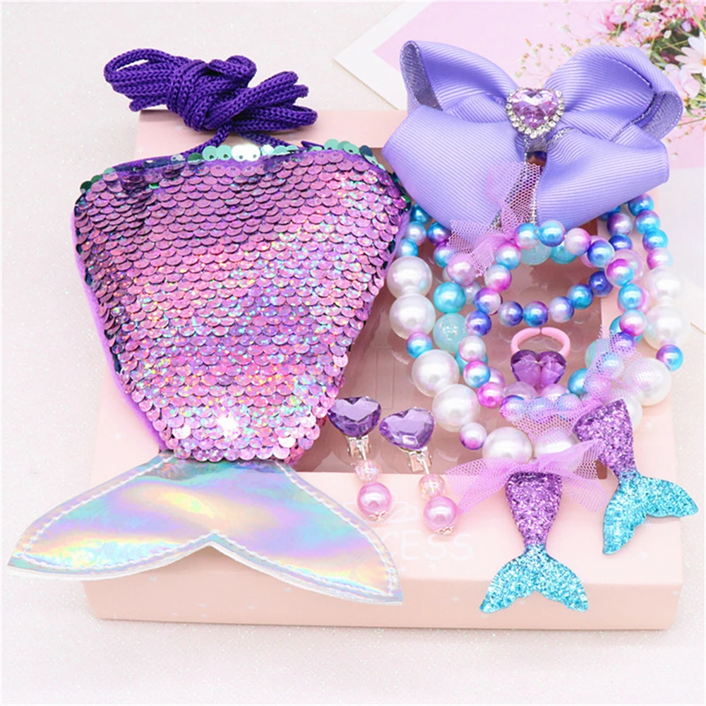 

Baby Girls Ariel Jewelry Princess Accessories Fancy Fairy Elsa Ring Earrings Sofia Necklace Bracelet Kids Aurora Bow Hair Clips