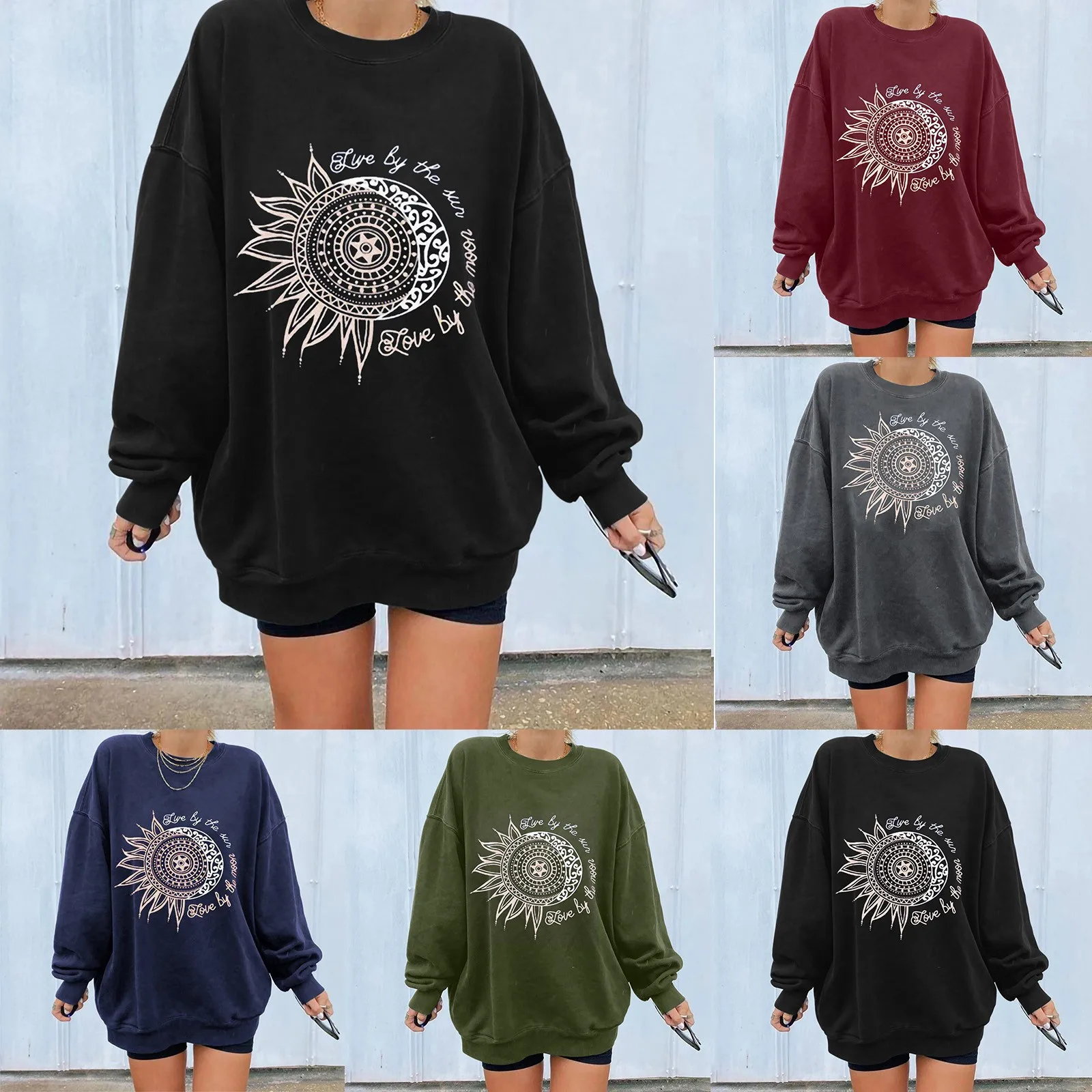 

Vintage Sun Moon Print Crewneck Sweatshirt Women Hip Hop Fashion Clothes Long Sleeve Casual Streetwear Teens Top Autumn 2021#G