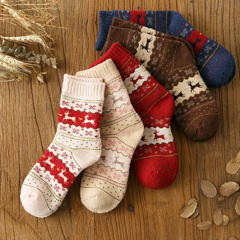 Women Girls Merry Christmas Socks Snowflake Deer Cotton Wool Winter Warm Female Sock Xmas Gifts | Женская одежда
