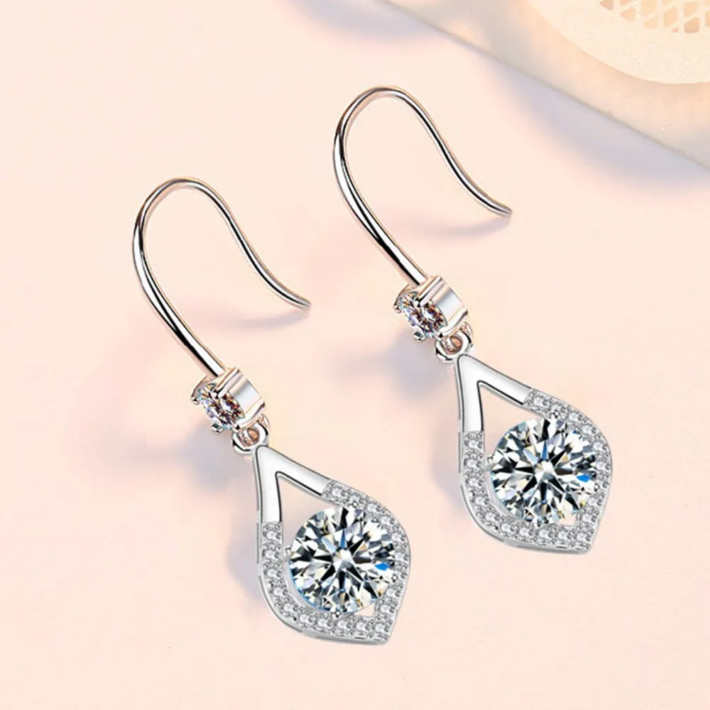 

925 Sterling Silver New Women Fashion Jewelry Purple Pink Shiny Crystal Zircon Water Drop Tassel Hoops Piercing Earrings