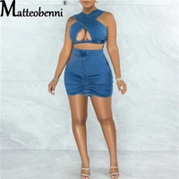 2021 women denim skirt sets halter neck sleeveless sexy bandage hollow out vest tops mini bodycon draped skirts two piece suit