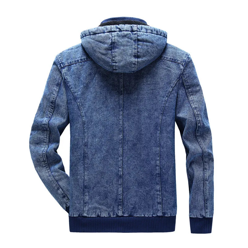 

ABOORUN Men's Winter Denim Jackets Blue Fleece Hooded Jeans Jacket Brand Casual Cotton Coat for Male