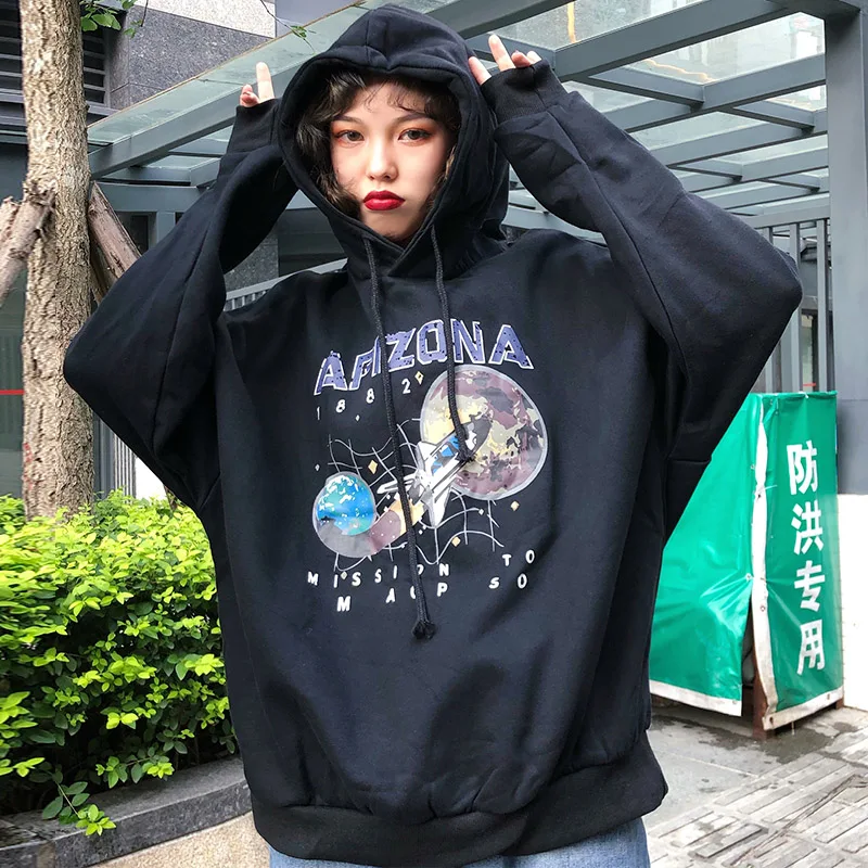 Модная осенне-зимняя женская черная свободная толстовка с буквенным принтом и