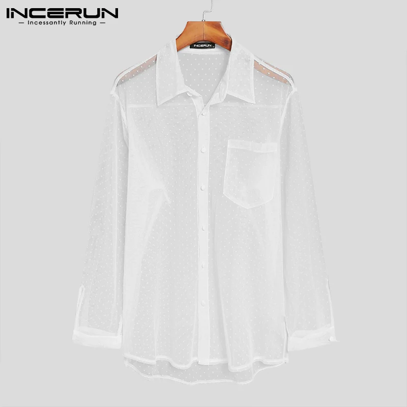 

Men Shirt Mesh Transparent Polka Dot Lapel Button Sexy Long Sleeve Party Nightclub Camisas 2021 Streetwear Men Clothing INCERUN