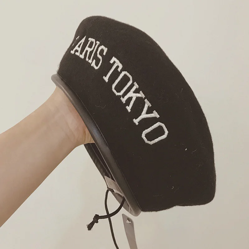 

New Fashion Wool White Black Beret Cap Military Leather Sweatband French Women Beret Hat Embroidered Beanie Winter Warm Hat