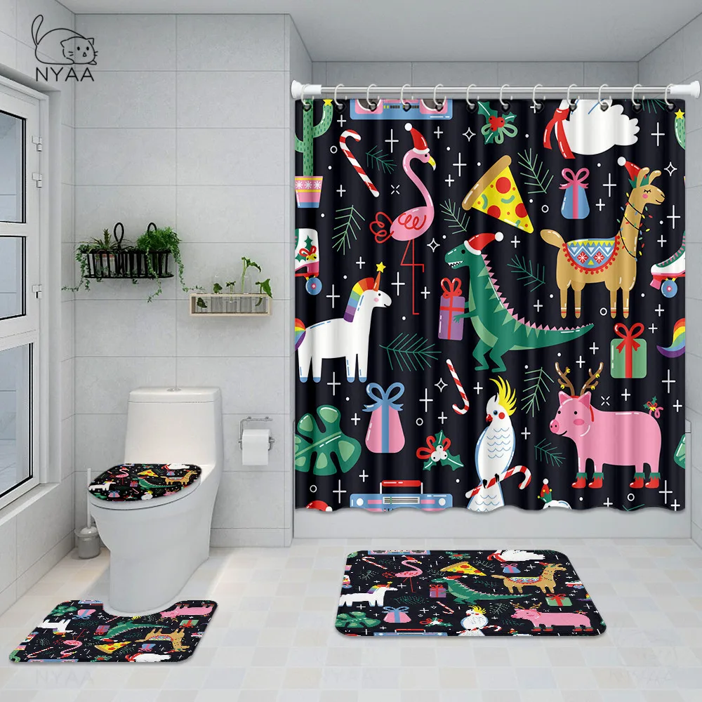 

Merry Christmas Pattern Bathroom Set Fabric Shower Curtain Anti-slip Bath Mat Set Christmas Bell Tree Santa Toilet Seat Cover