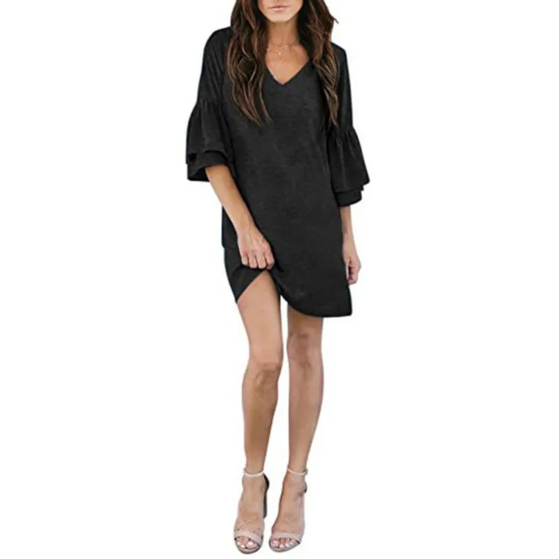 

Summer New Women Mini Dress V-Neck Fashion Leisure Flared Sleeve Straight Dress