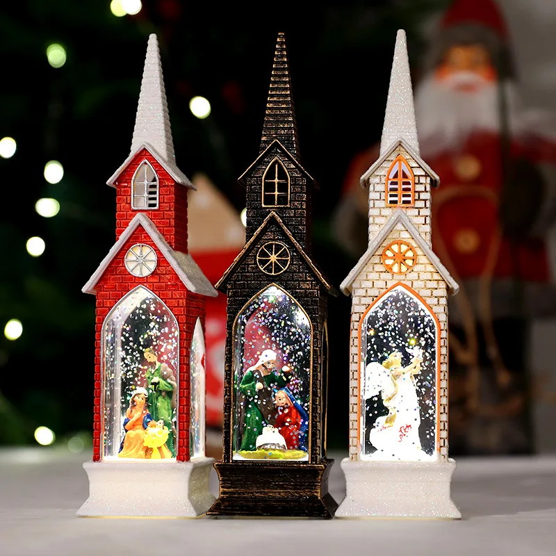 

Christmas Church Light Lamp with Nativity Scene,Warm LED Light Home Christmas Decorations Snow Globe with Swirling Glitter Decor