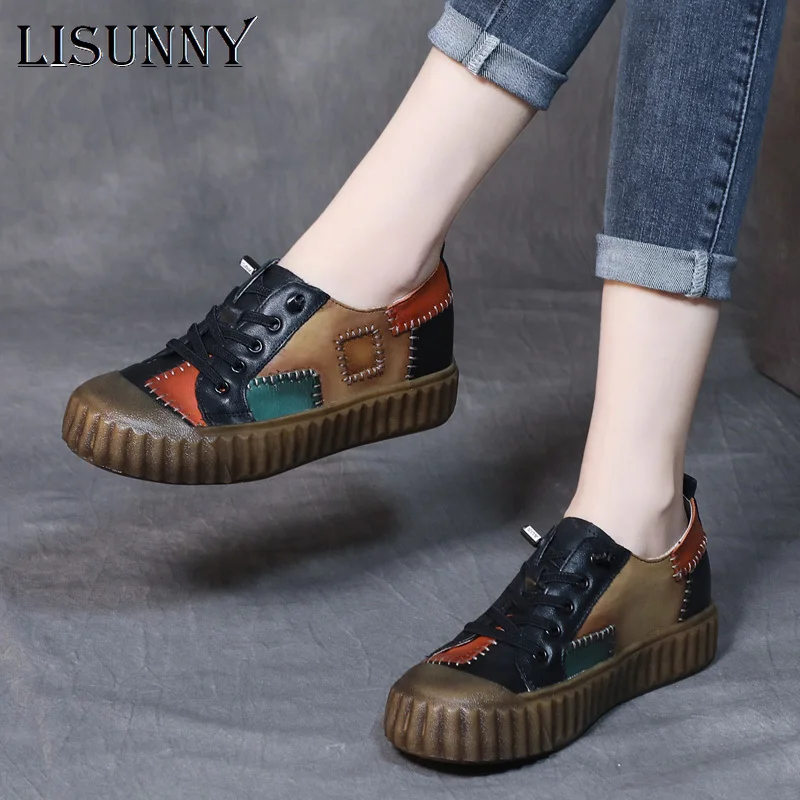 

LISUNNY Genuine Cow Leather Handmade Women Sneakers Casual Flat Ladies Shoes Fashion Breathable Comfort Women's Flat Shoes