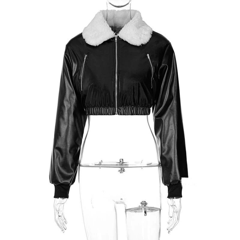 

Leather Jacket Women Faux PU Leather Fleece Collar Jacket Coats Warm Punk Women Outerwear Zipper Winter Streetwear Jackets Coat