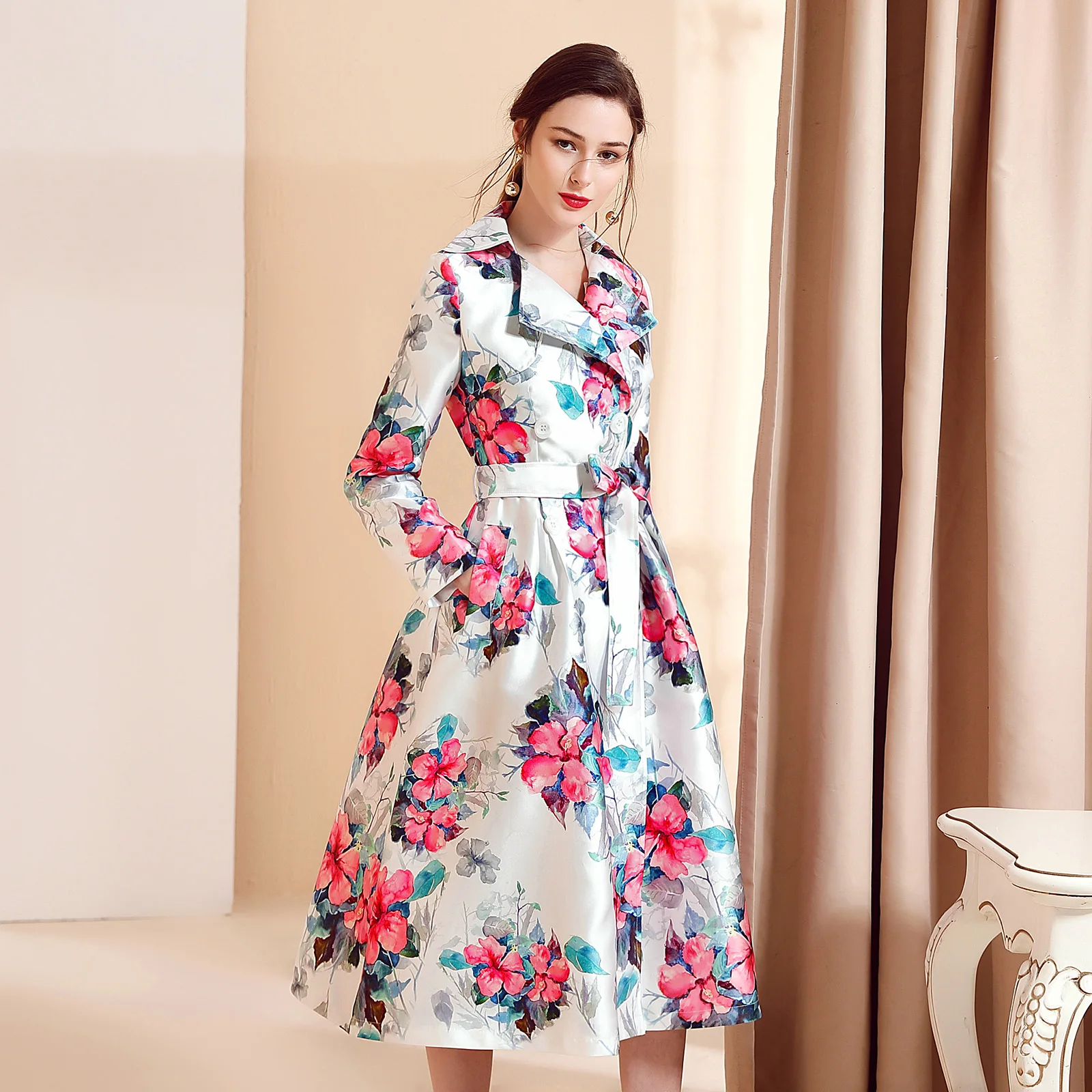 

2021 Spring Fall Fashion Womens Female Double Breasted Floral Trench Coat , Womans Clothes Flower High Waisted Duster Coats