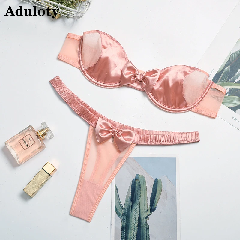 

Aduloty Women's New Style Bow Decor Satin Lingerie Set Transparent Lace Stitching Bra Sexy Underwear and Panties Mesh Thong