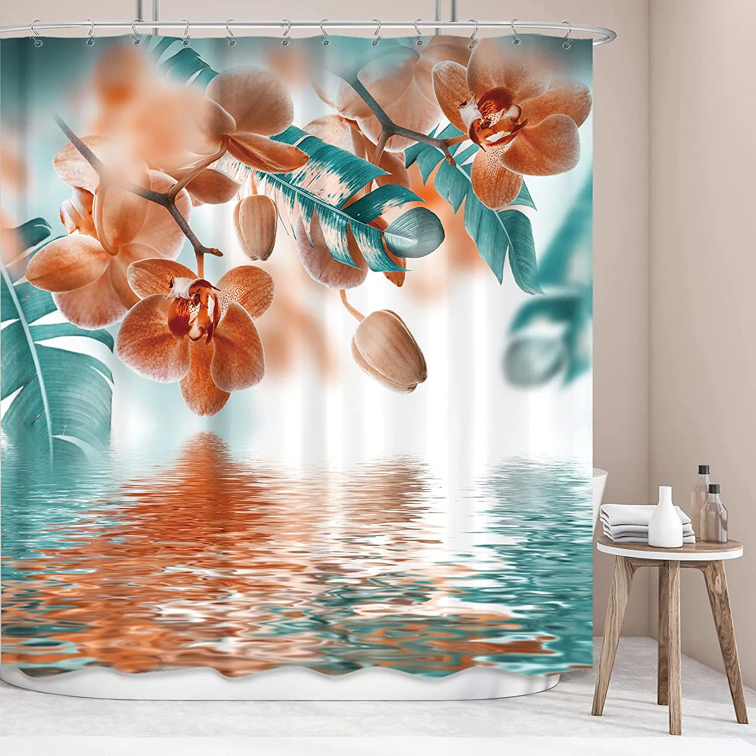 

Teal Orange Orchid Shower Curtain Water Surface Reflection Flowers Leaves Tropical Painting Zen Decor Fabric Set Polyester Hooks