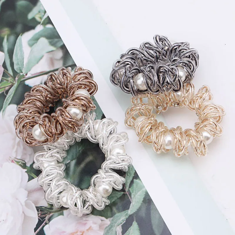 

Multicolor Elastic Hair Bands Spiral Ponytail Hair Ties Gum Rubber Band Hair Rope Clear Pearls Telephone Wire Hair Accessories