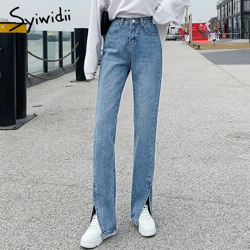 Women Jeans Black Flare Pants Front Side Slit Leg 2021 Spring High Waisted Bell Bottom Jeans Full Length Denim