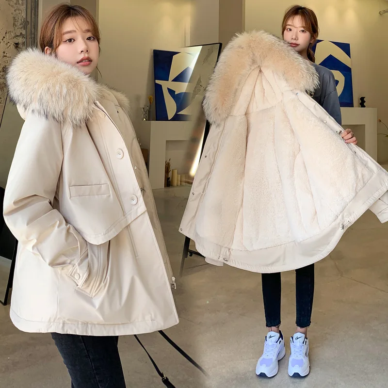 2021 Women Fur Collar Thicken Warm Parka Ladies Winter Solid Hooded Cotton Padded Coats Fashion Buttons Casual Female Jackets
