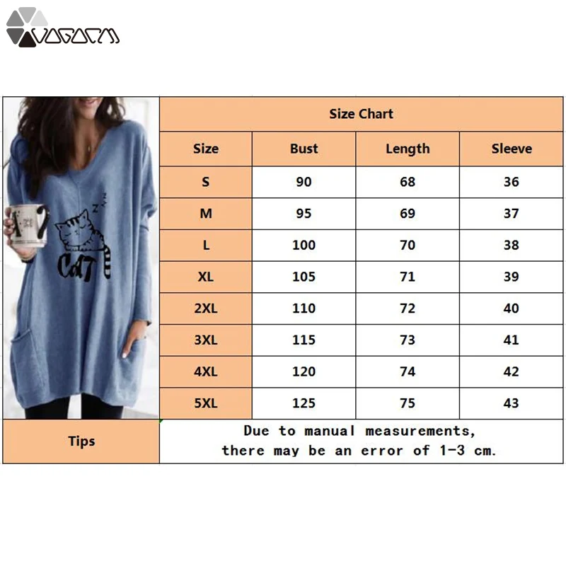 

Fashion Plus Size Cat Print Women T-shirt Long Sleeve V-Neck Pullover Female Pocket Long Style Tops Casual Loose Autumn T Shirts
