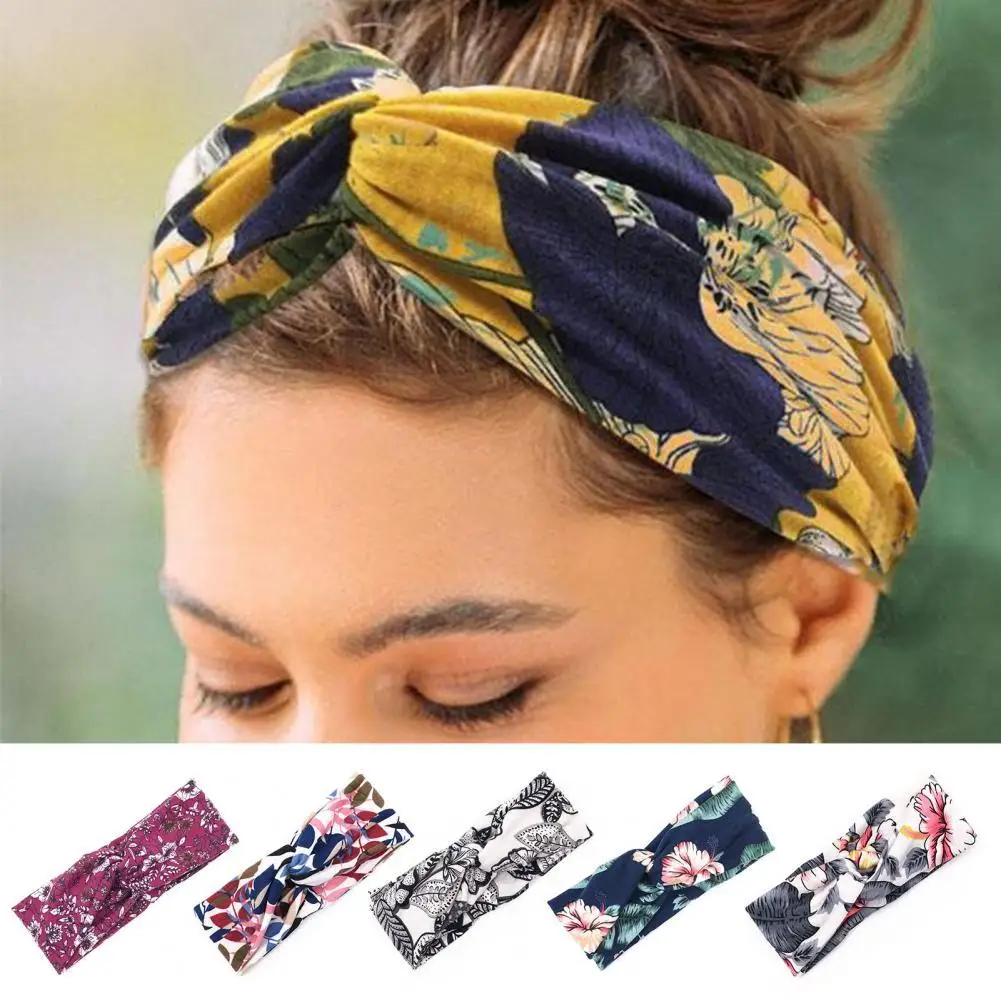 

Lady Headband Floral Print Cross Knot Wide Stretch Elastic Useful Lady Hair Band for Home