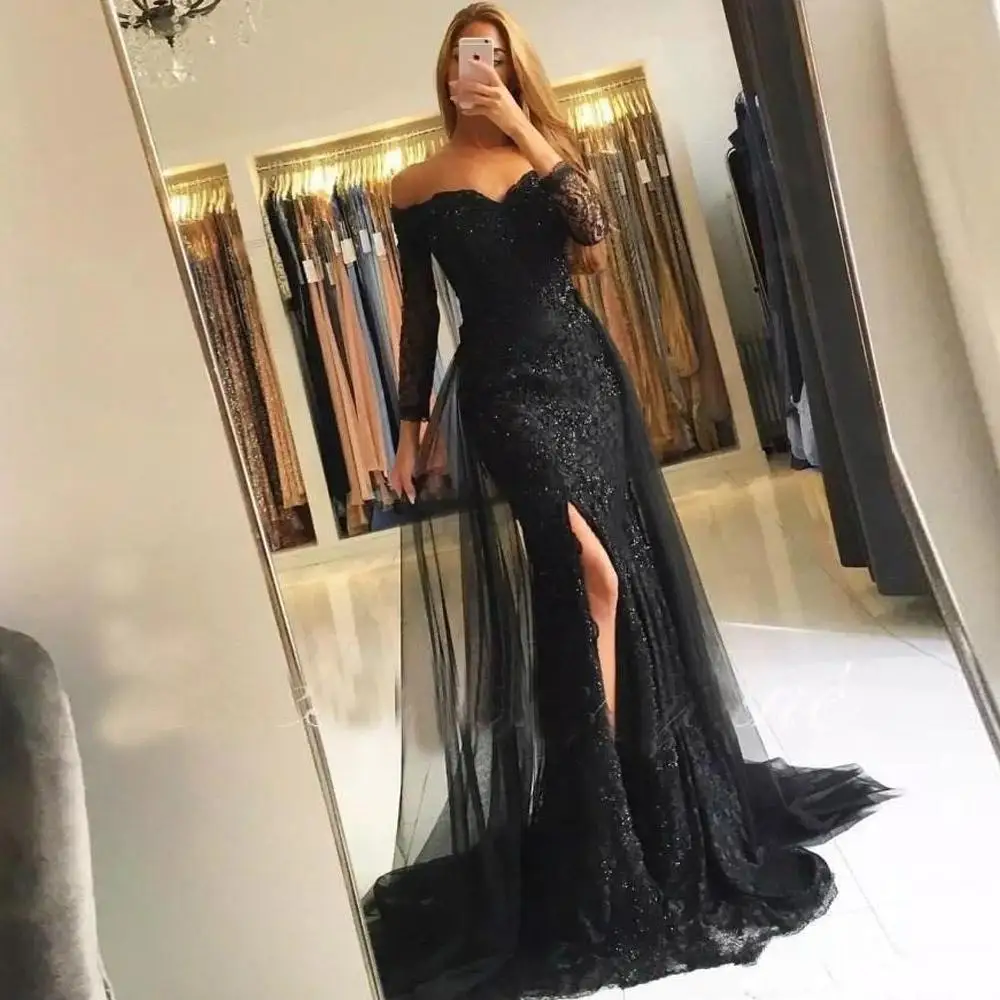 

Black Mermaid Evening Dresses Full Sleeves Lace Applique Split Off Shoulde Dubai Kaftan Saudi Prom Gowns Robe Vestidos