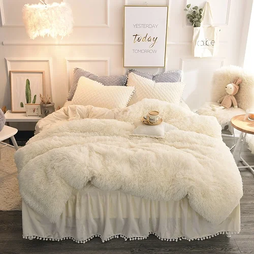 bedding set 3 Роскошный плюш с длинным ворсом, пододеяльник набор стеганый помпонами и бахромой оборками покрывало, Подушка Шамс Постельное белье близнец полный queen King 4/6 шт - Цвет: bedding set 3