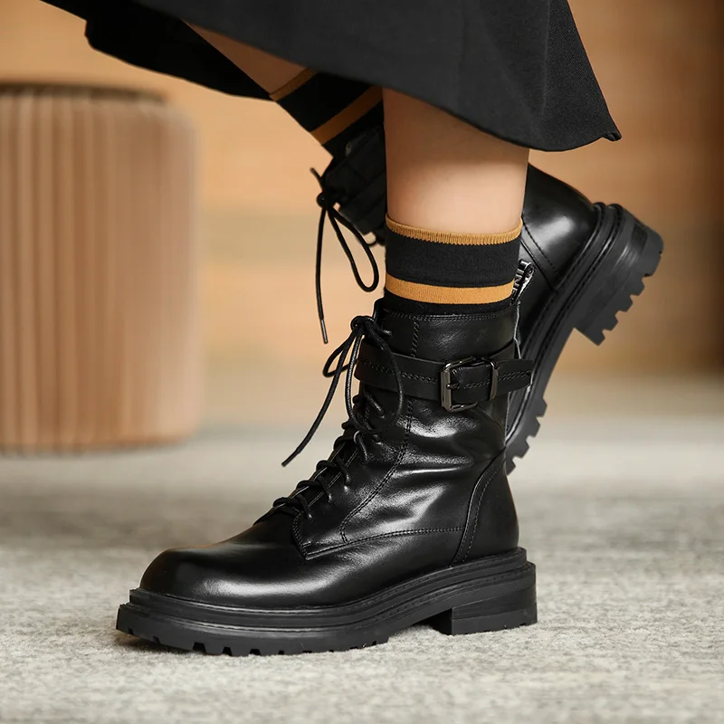 Murah Sepatu Bot Martin Kulit Sapi Asli Sepatu Bot Tunggal Platform Berenda Wanita Sepatu Bot Pergelangan Kaki Gaya Inggris Musim Gugur 2020