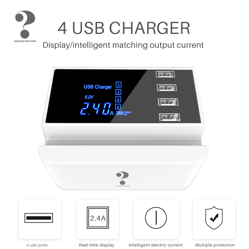 

Зарядное устройство с 4 USB-портами, 5 В, 2,4 А, с ЖК-дисплеем