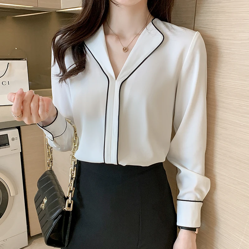 

Chiffon Loose Women's Shirts New Fashion Blouses Casual Long Sleeve Blusas Solid Color V-neck Shirt Spring Houthion