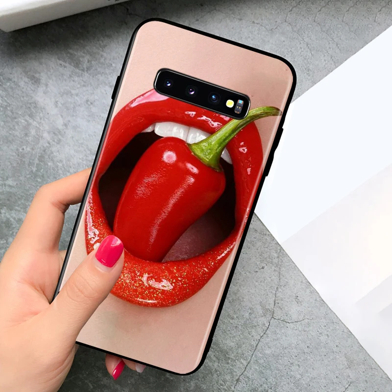 Black TPU Soft Cover Beauty Red Lips for Samsung Galaxy S20 Ultra S10 S10e FE 5G S9 S8 S7 S6 Edge Plus Lite Phone Case