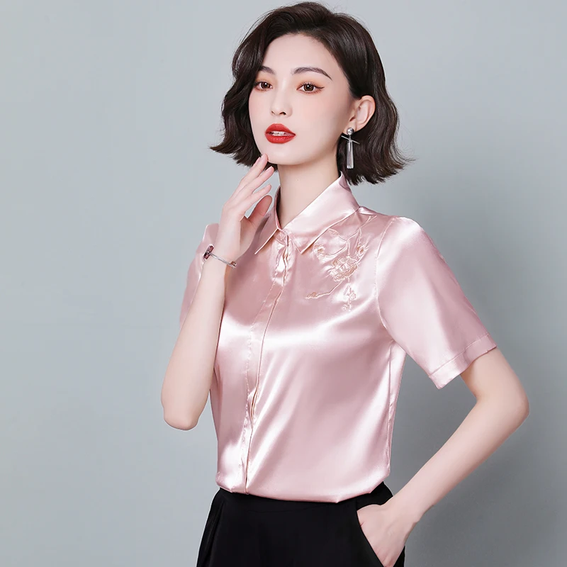 

Houthion Women's Blouse Solid Color Top Polo Collar Silk Casual Fashion Short Sleeve Shirt Summer Embroidered Dropshipping