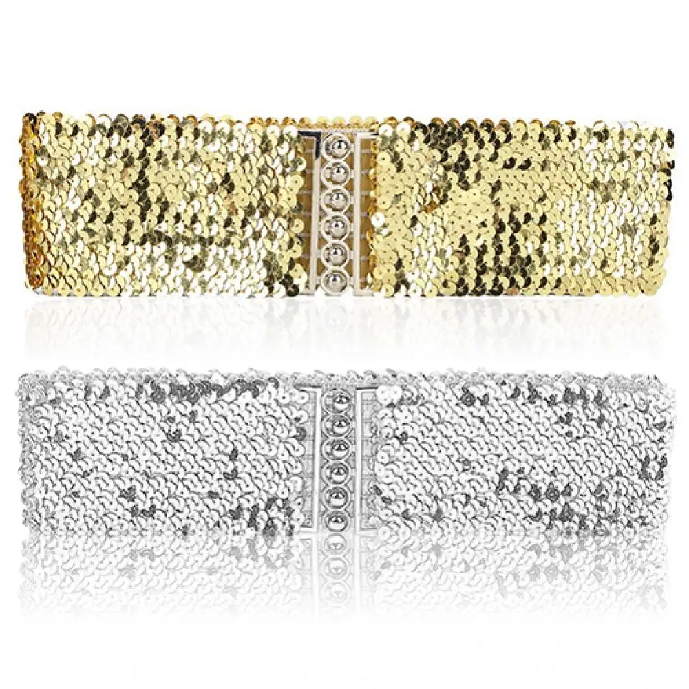 

Women's Cool Punk Sparkling Sequins Elastic Stretch Wide Waistband Waist Belt