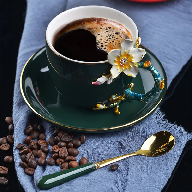 

European Style Ceramic Handmade Enamel Painted 3D Flower Coffee Cup with Saucer Set Office Afternoon Teacup Porcelain Milk Mug