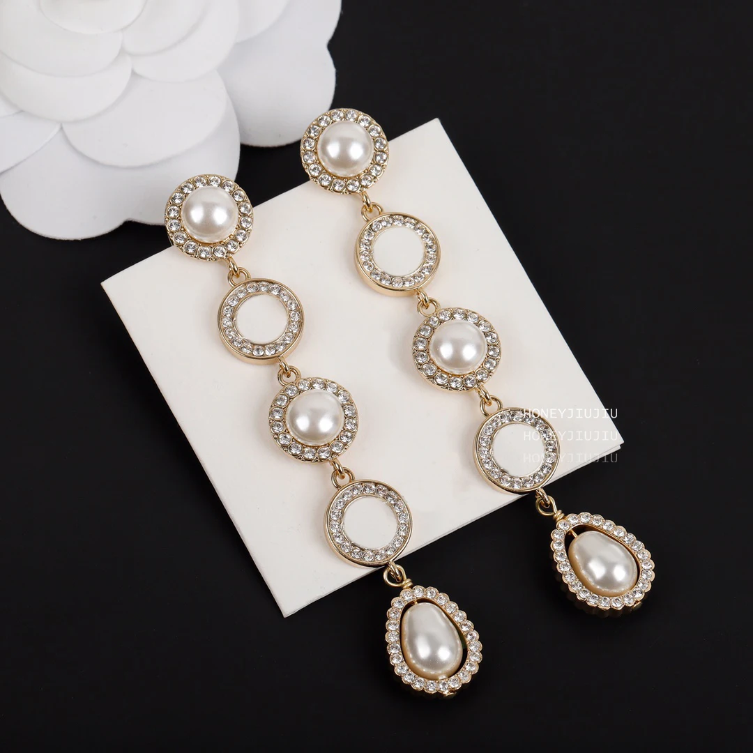 

Famous Brand Pearl Crystal Long Tassel Pendant Drop Women Wedding Earrings Luxury Fine Jewelry Top Quality Designer Trend 2021