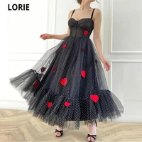 lorie 2021 new dotted tulle prom dresses red heart pattern spaghetti straps a line tea length evening gowns vestidos de noche