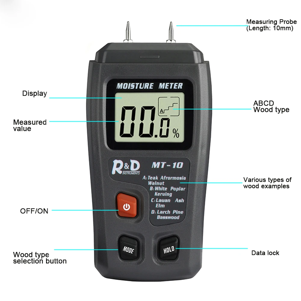 Medidor de humedad de madera MT10, higrómetro, Detector de humedad de madera, dos pines, 0-99.9%, herramientas de medición de densidad de árbol, 40% de descuento