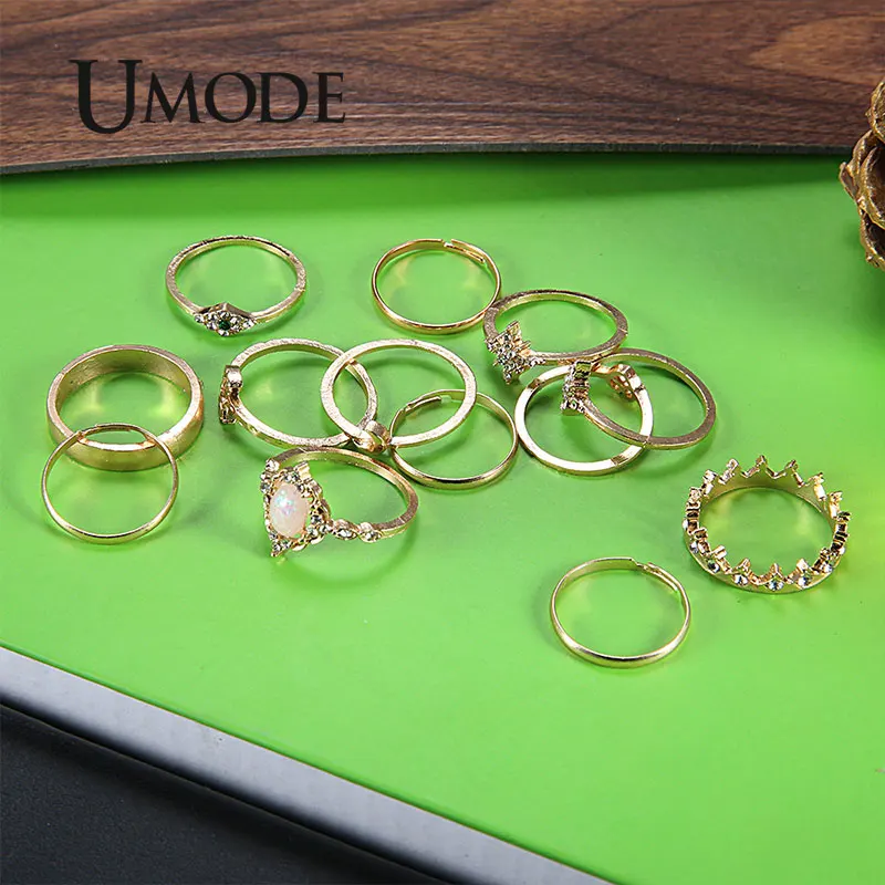 UMODE, 12 шт., Золотая Корона, кольца для женщин и девочек, кольца с Луной, набор, кольца на палец в форме сердца, опал, женская мода, ювелирные изделия, подарки, PR0225