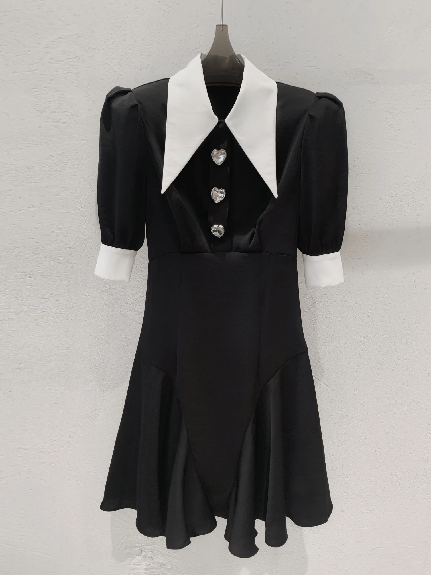 

Ladies 2023 Fashion New Bubble Short Sleeve Contrast Color Waist Lapel Retro Dress 0114
