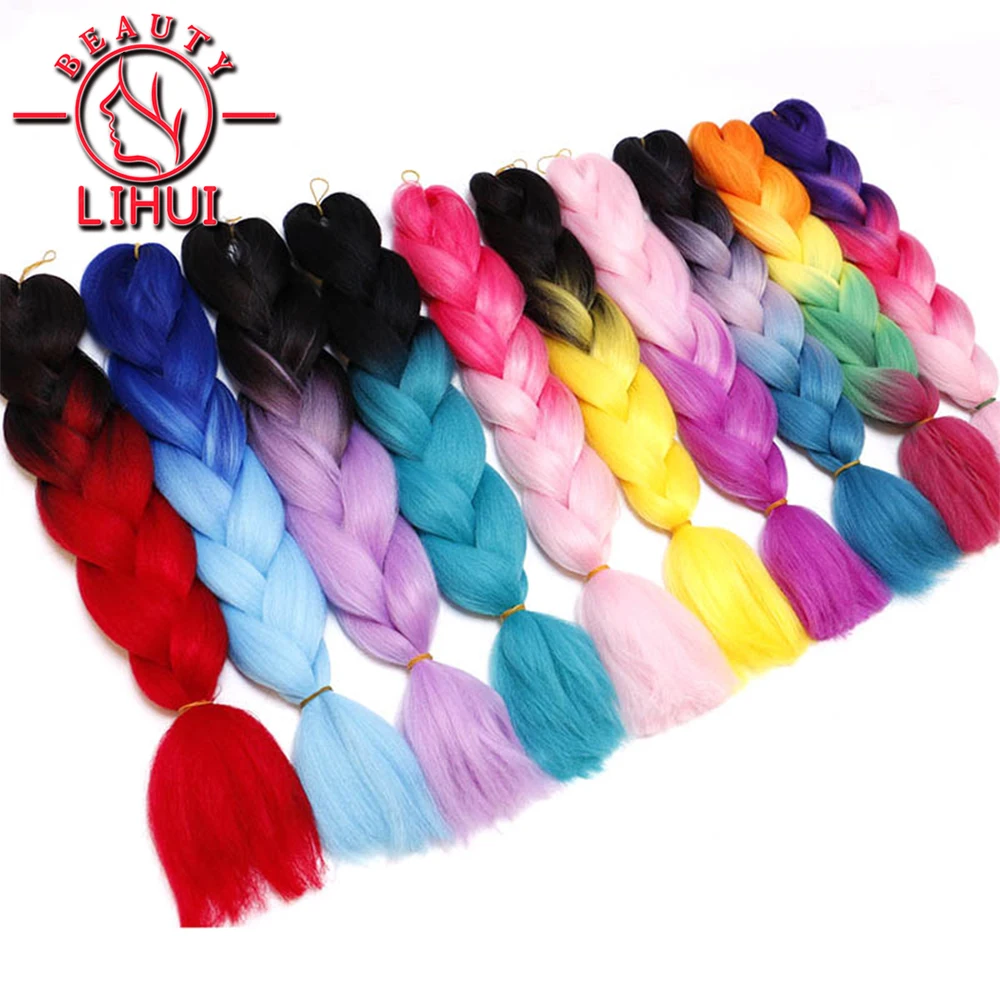 LIHUI 10packs Women Long Ombre Glowing Twist Synthetic Braiding Hair Extension 24&quotJumbo Braids Pink Blonde Green Two Tone Color |