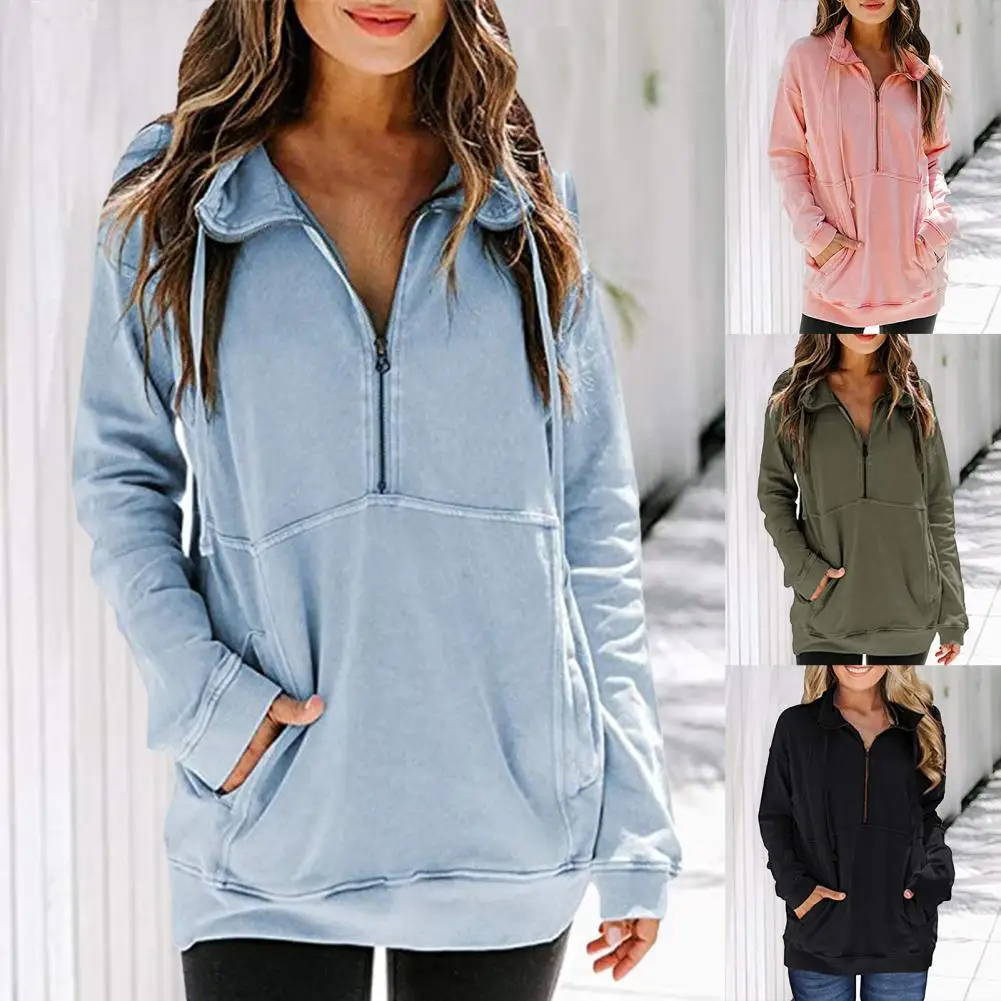 

Autumn and Winter Ladies Loose Splicing Top Solid Color Pocket Women Half Zipper Drawstring Long Sleeve Sweatshirt Streetwear