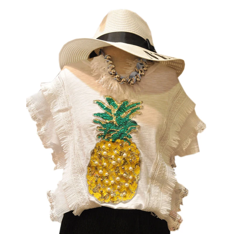 Женская футболка с блестками и рисунком ананаса из бамбукового хлопка коротким