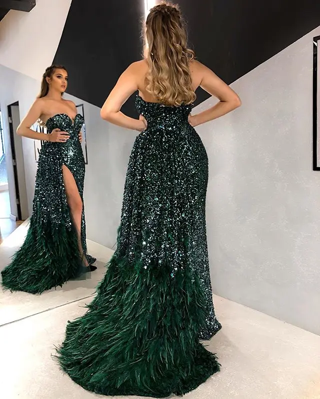 2020 Side Split Prom Gowns Luxury Feather Bling Bling Beaded Sequins Cloth Party Dresses Mermaid Evening Dresses