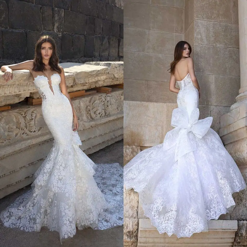 

2020 Wedding Dresses Sexy Sweetheart Open Back Mermaid Bridal Gowns Custom Made Appliques Lace Sweep Train Beach Wedding Dress
